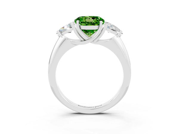 Platinum Three-Stone Round Cut Cut Diamond Ring with Trillion Side Stones and Four-Prong Setting