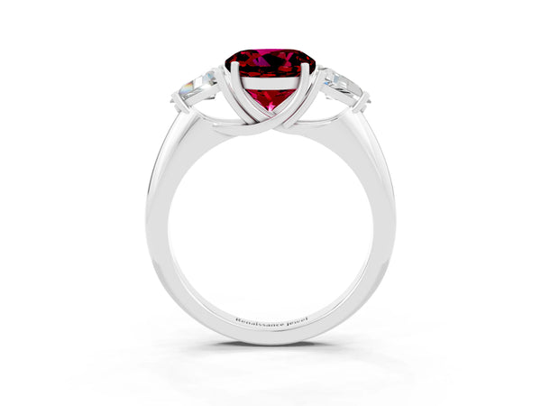 White gold Three-Stone Round Cut Garnet Engagement Ring with Trillion Side Stones and Prong Setting
