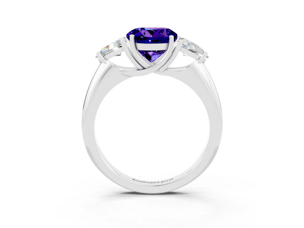 White gold Three-Stone Round Cut Tanzanite Engagement Ring with Trillion Side Stones and Prong Setting