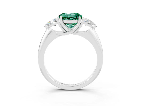 Platinum Three-Stone Round Cut Green Sapphire Engagement Ring with Trillion Side Stones and Prong Setting