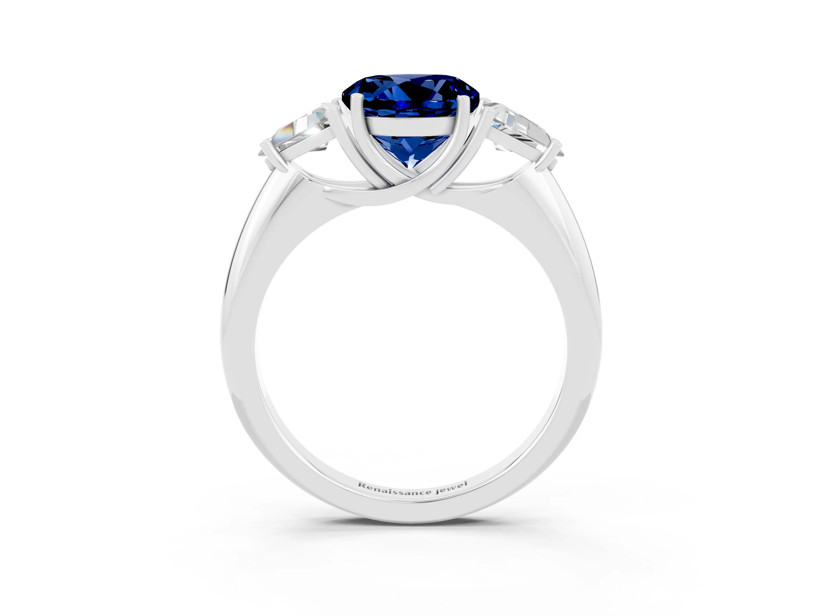 White gold Three-Stone Round Cut Cut Diamond Ring with Trillion Side Stones and Four-Prong Setting_3