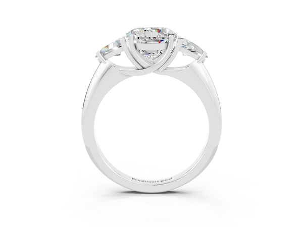 Silver Three-Stone Round Cut Moissanite Engagement Ring with Trillion Side Stones and Prong Setting