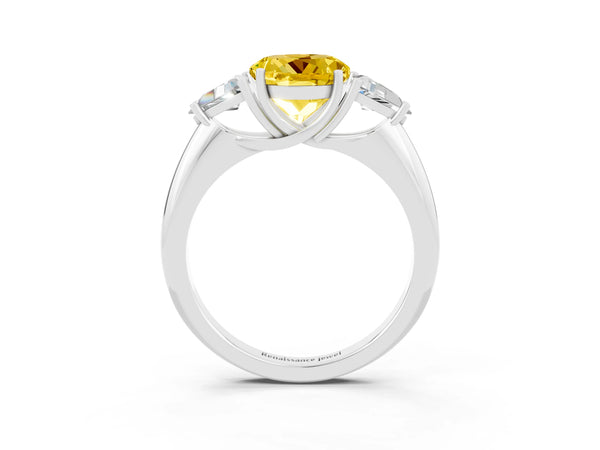 White gold Three-Stone Round Cut Yellow Sapphire Engagement Ring with Trillion Side Stones and Prong Setting
