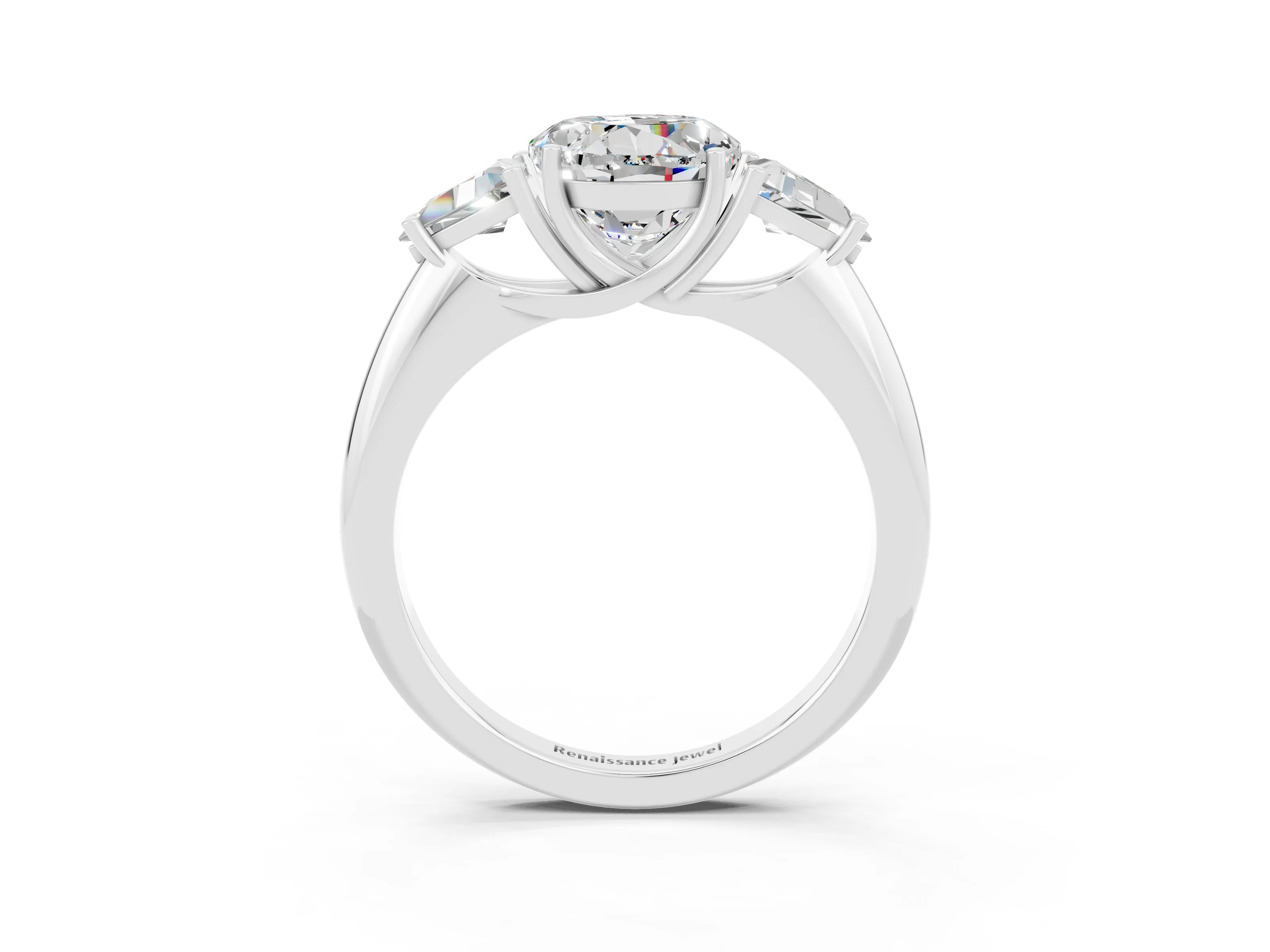 White gold Three-Stone Round Cut Cut Diamond Ring with Trillion Side Stones and Four-Prong Setting_3