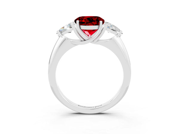 Platinum Three-Stone Round Cut Ruby Engagement Ring with Trillion Side Stones and Prong Setting