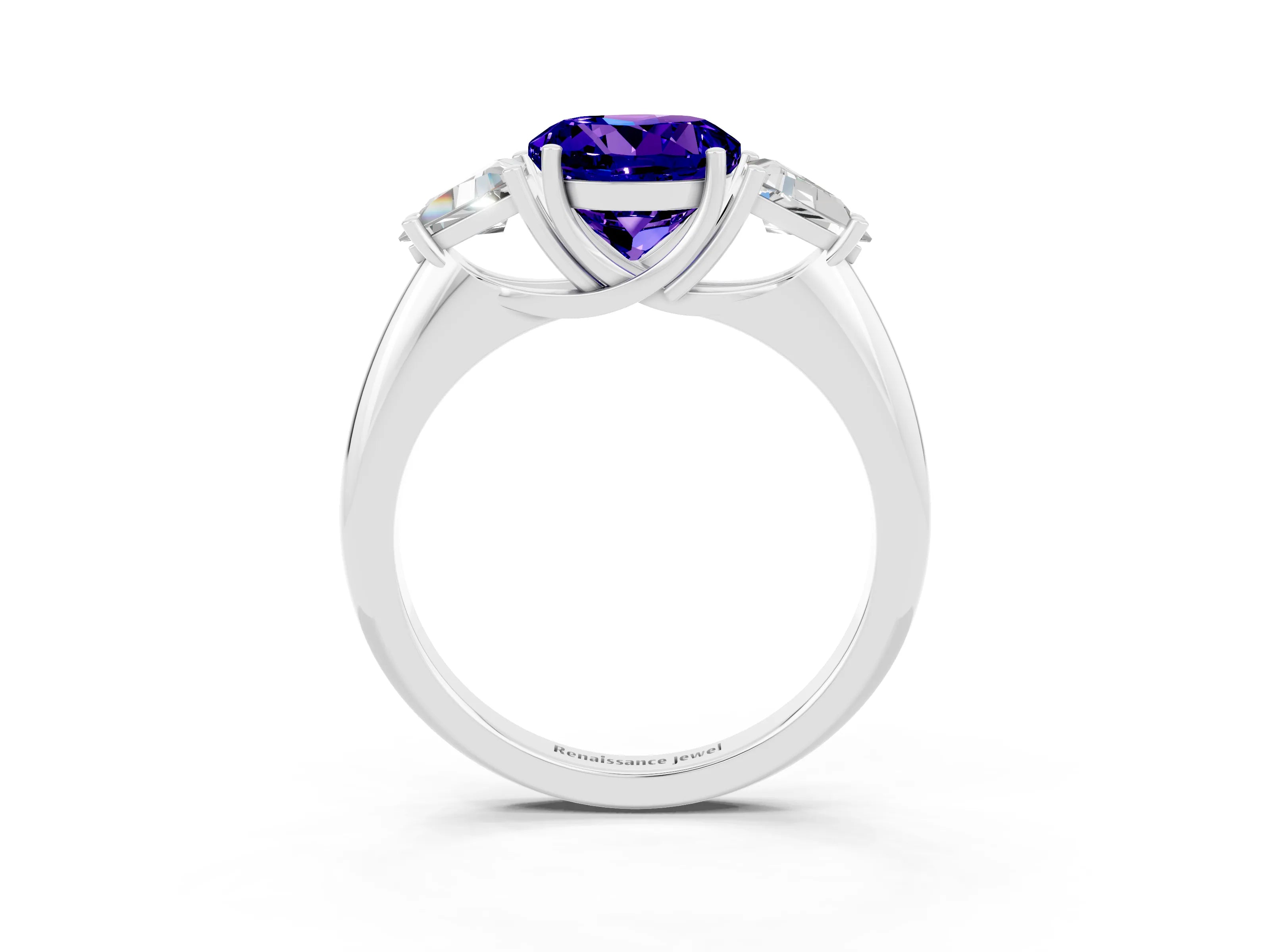 White gold Three-Stone Round Cut Cut Diamond Ring with Trillion Side Stones and Four-Prong Setting_3