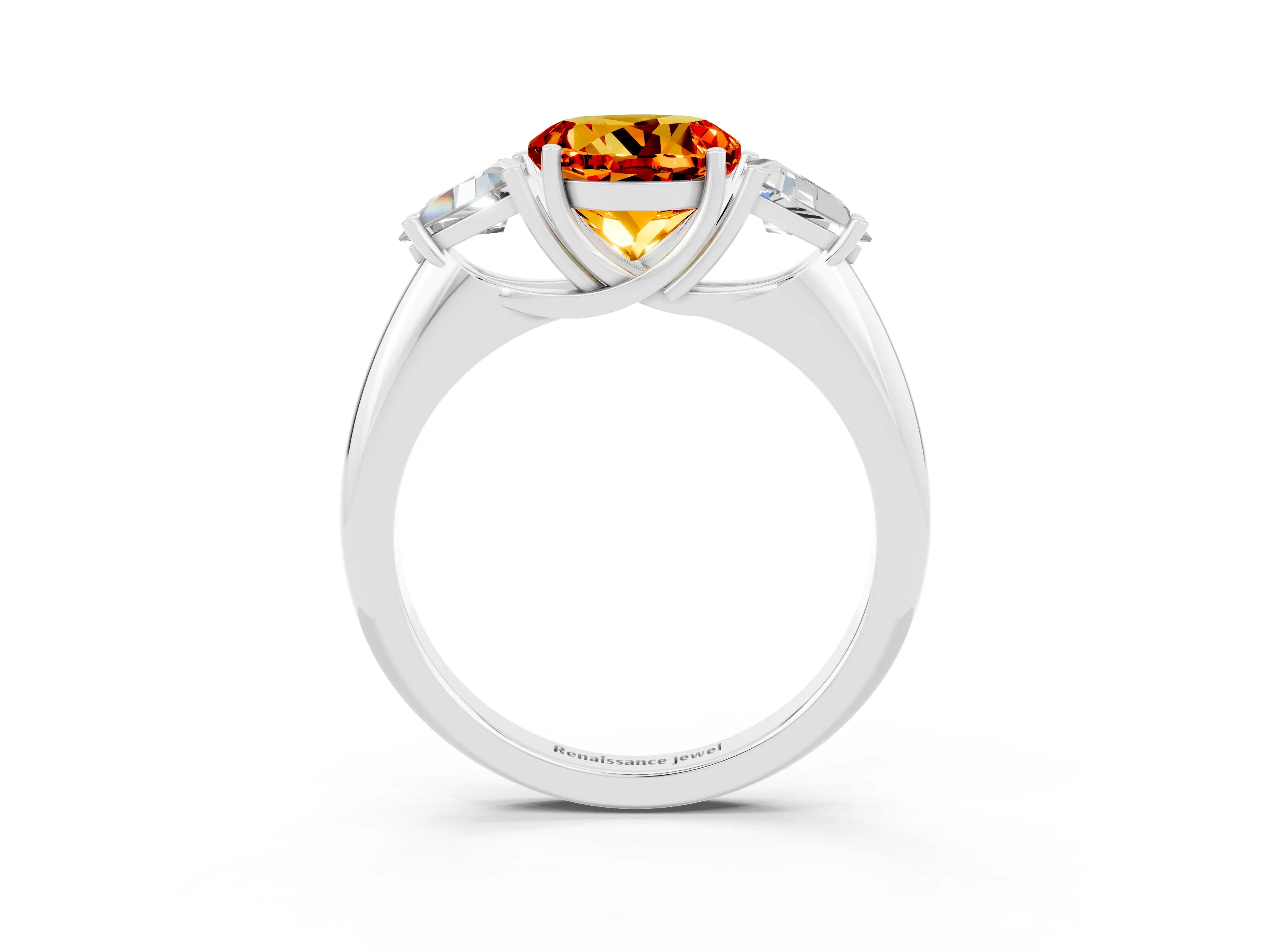 White gold Three-Stone Round Cut Cut Diamond Ring with Trillion Side Stones and Four-Prong Setting_3