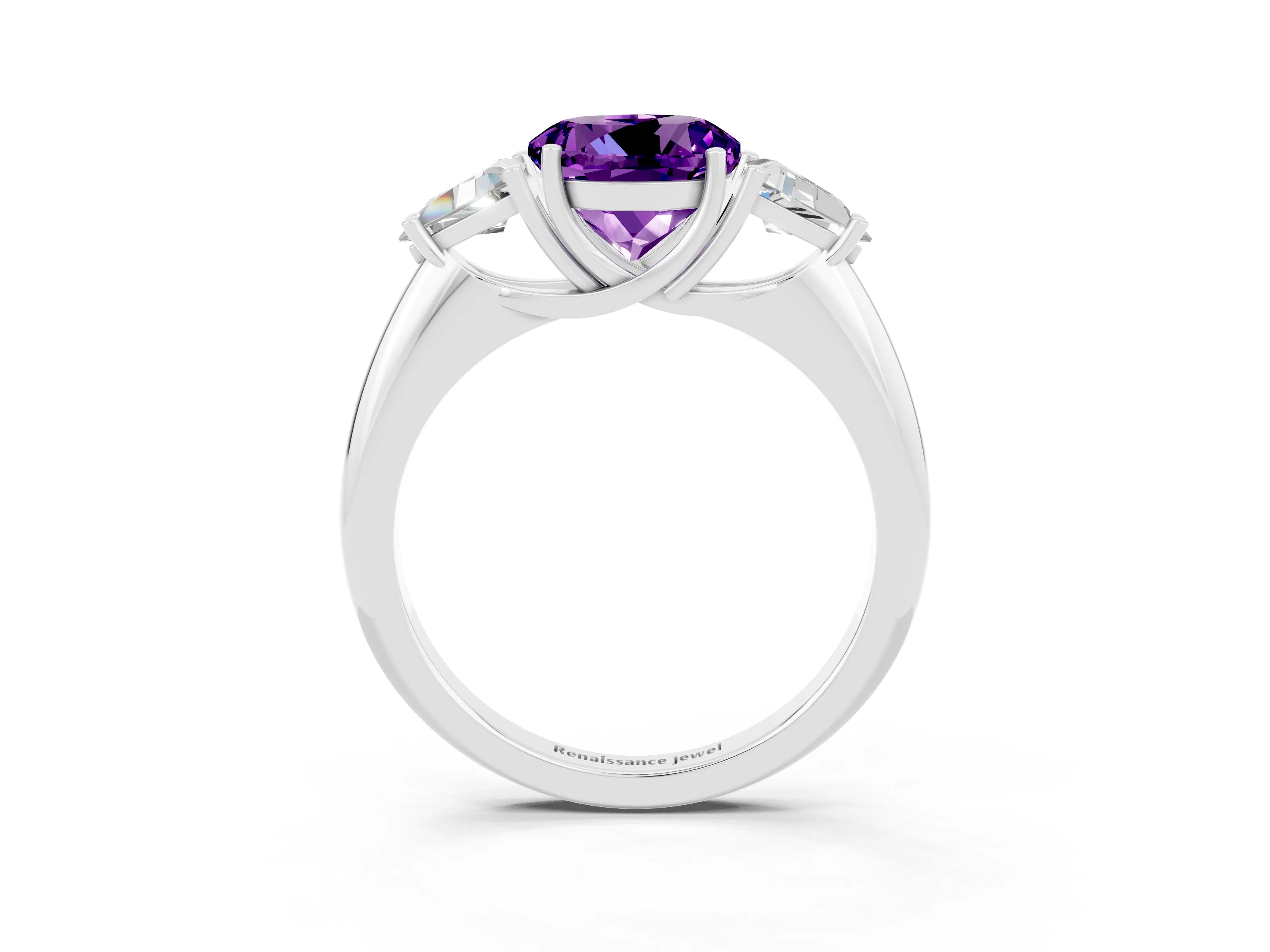 White gold Three-Stone Round Cut Cut Diamond Ring with Trillion Side Stones and Four-Prong Setting_3