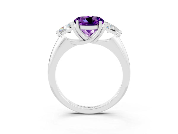 White gold Three-Stone Round Cut Amethyst Engagement Ring with Trillion Side Stones and Prong Setting