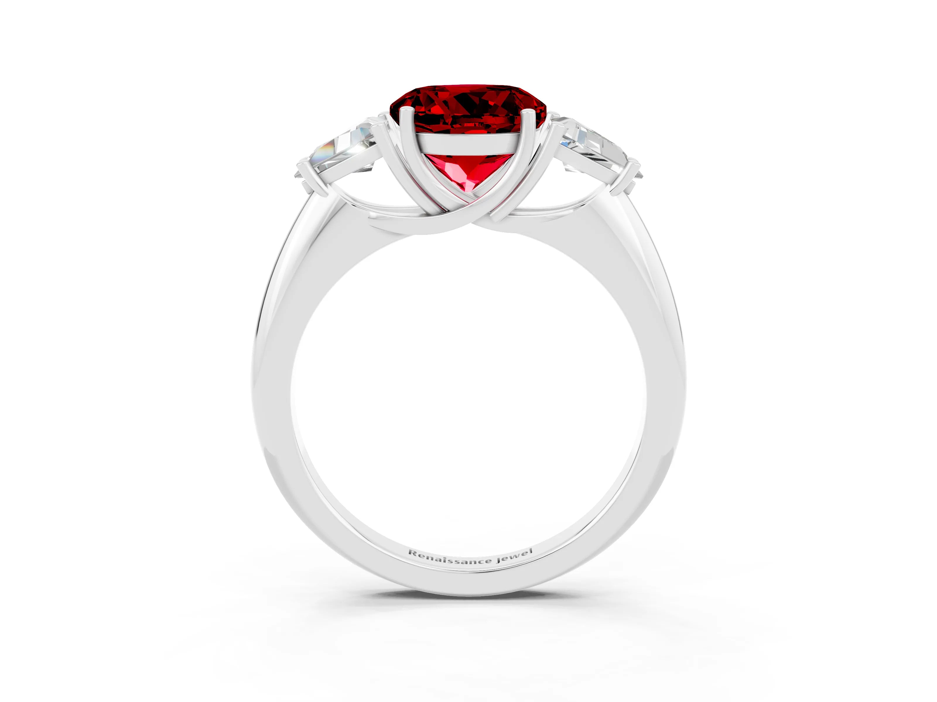 White gold Three-Stone Round Cut Cut Diamond Ring with Trillion Side Stones and Four-Prong Setting_3