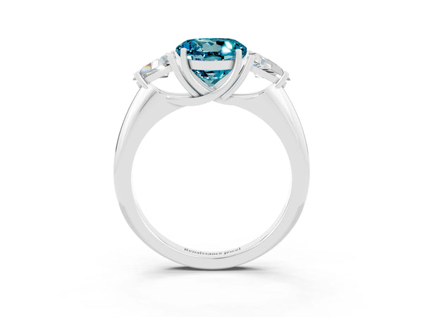 White gold Three-Stone Round Cut Cut Diamond Ring with Trillion Side Stones and Four-Prong Setting