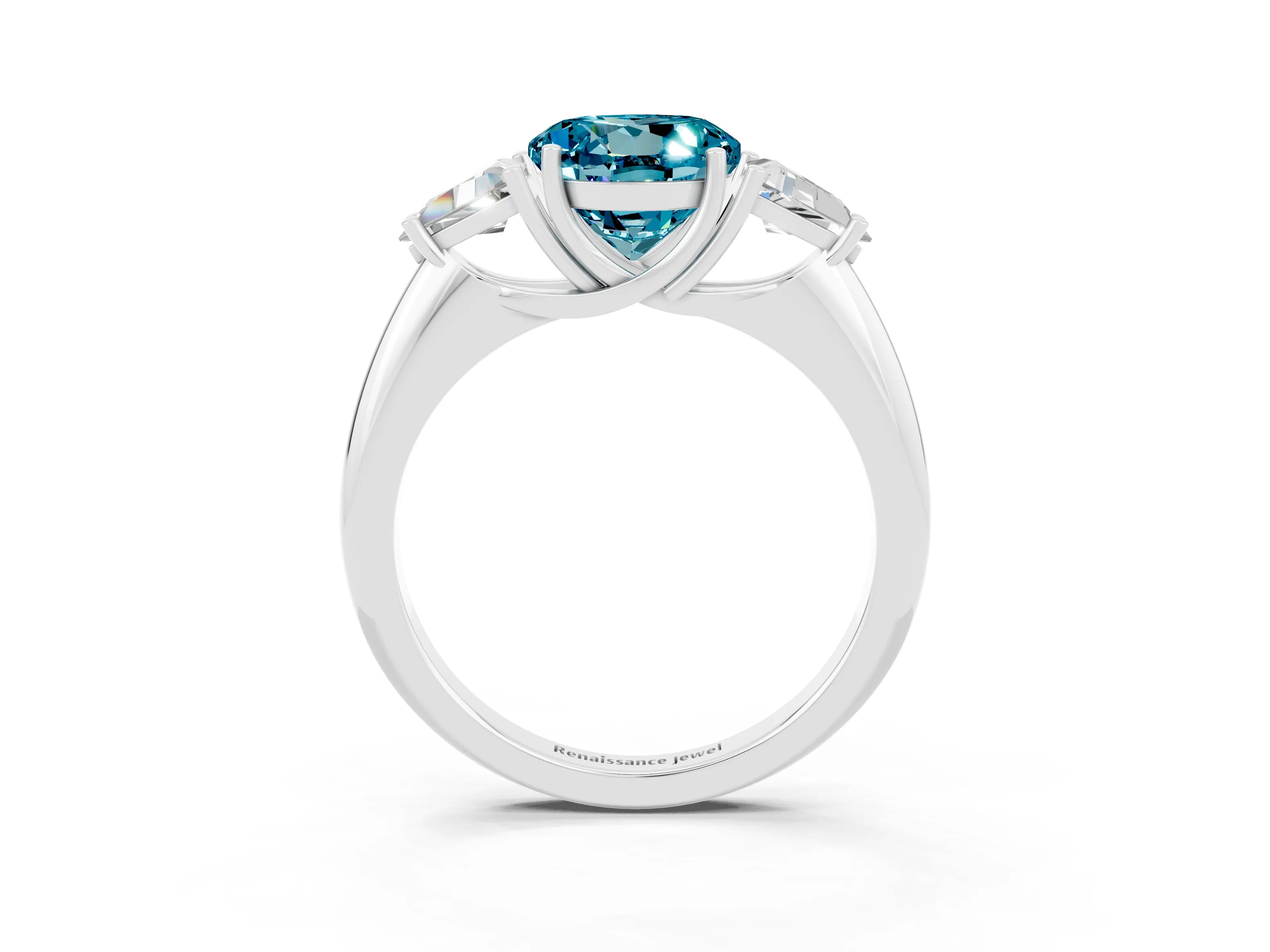 White gold Three-Stone Round Cut Cut Diamond Ring with Trillion Side Stones and Four-Prong Setting_3