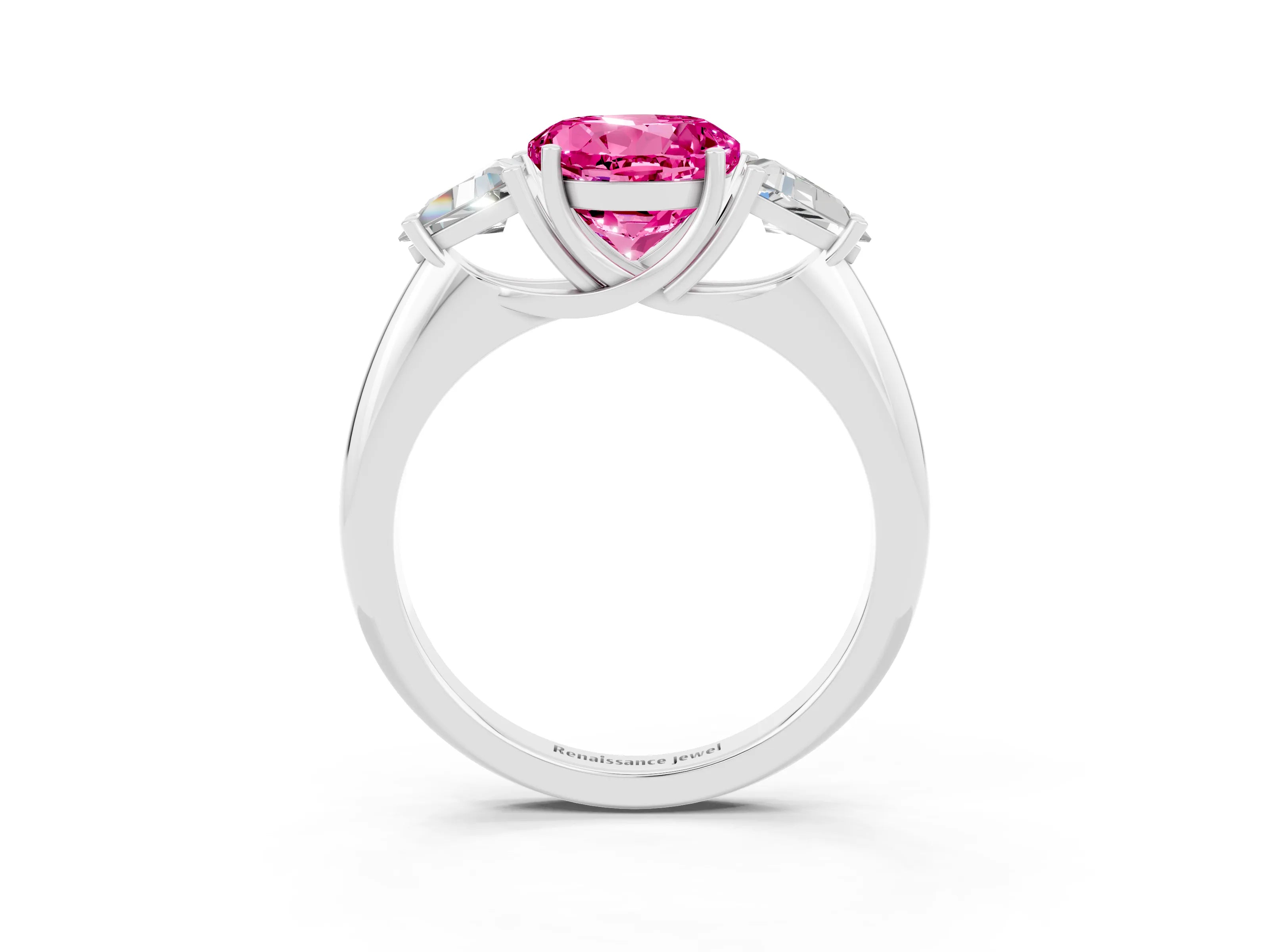 White gold Three-Stone Round Cut Cut Diamond Ring with Trillion Side Stones and Four-Prong Setting_3