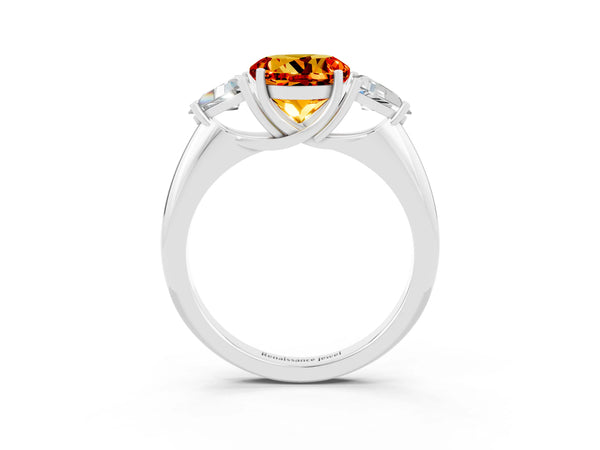 White gold Three-Stone Round Cut Citrine Engagement Ring with Trillion Side Stones and Prong Setting