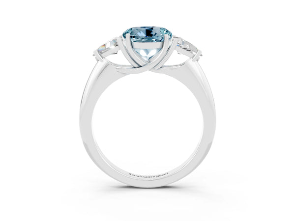 Platinum Three-Stone Round Cut Cut Diamond Ring with Trillion Side Stones and Four-Prong Setting