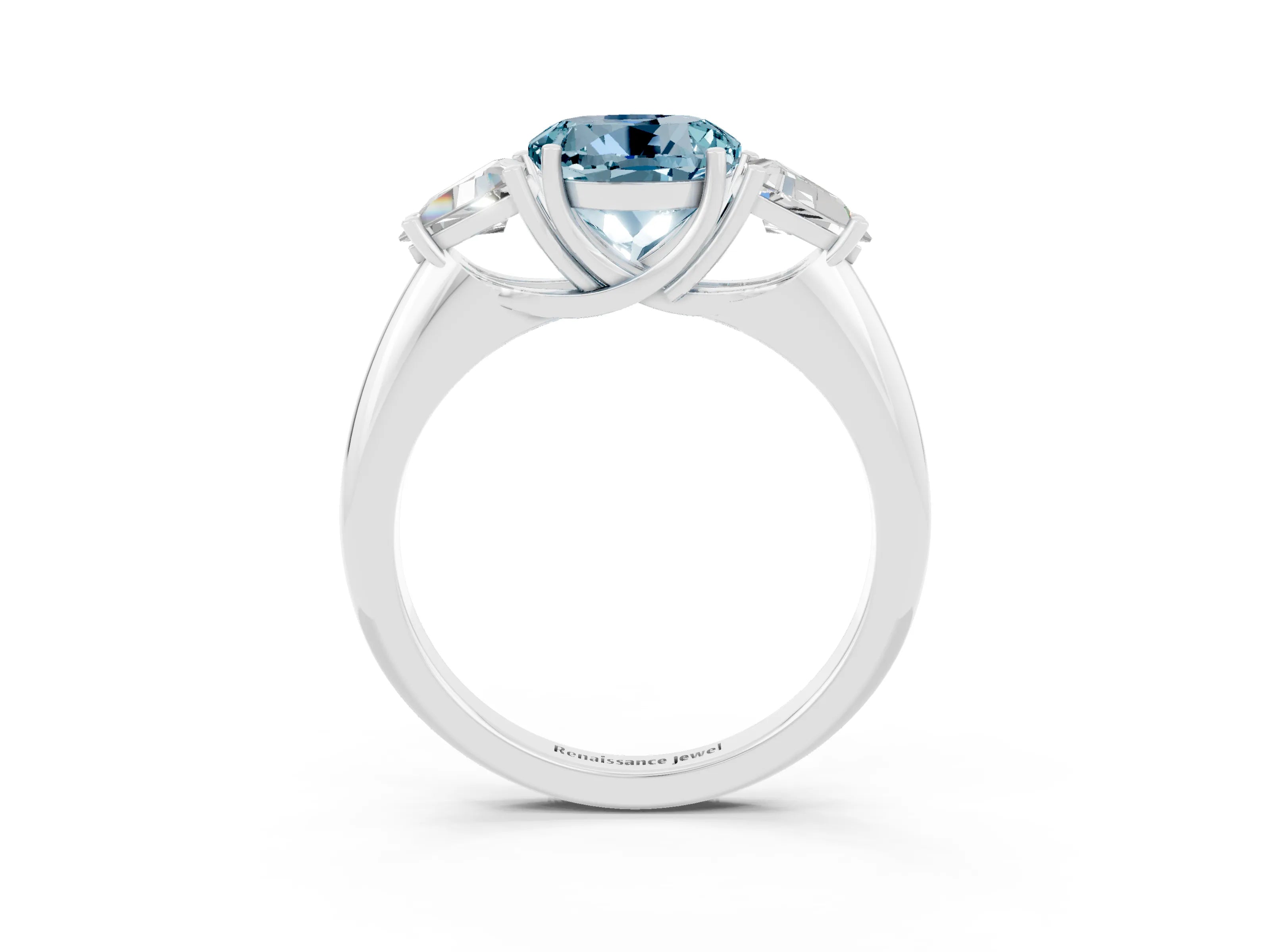 White gold Three-Stone Round Cut Cut Diamond Ring with Trillion Side Stones and Four-Prong Setting_3