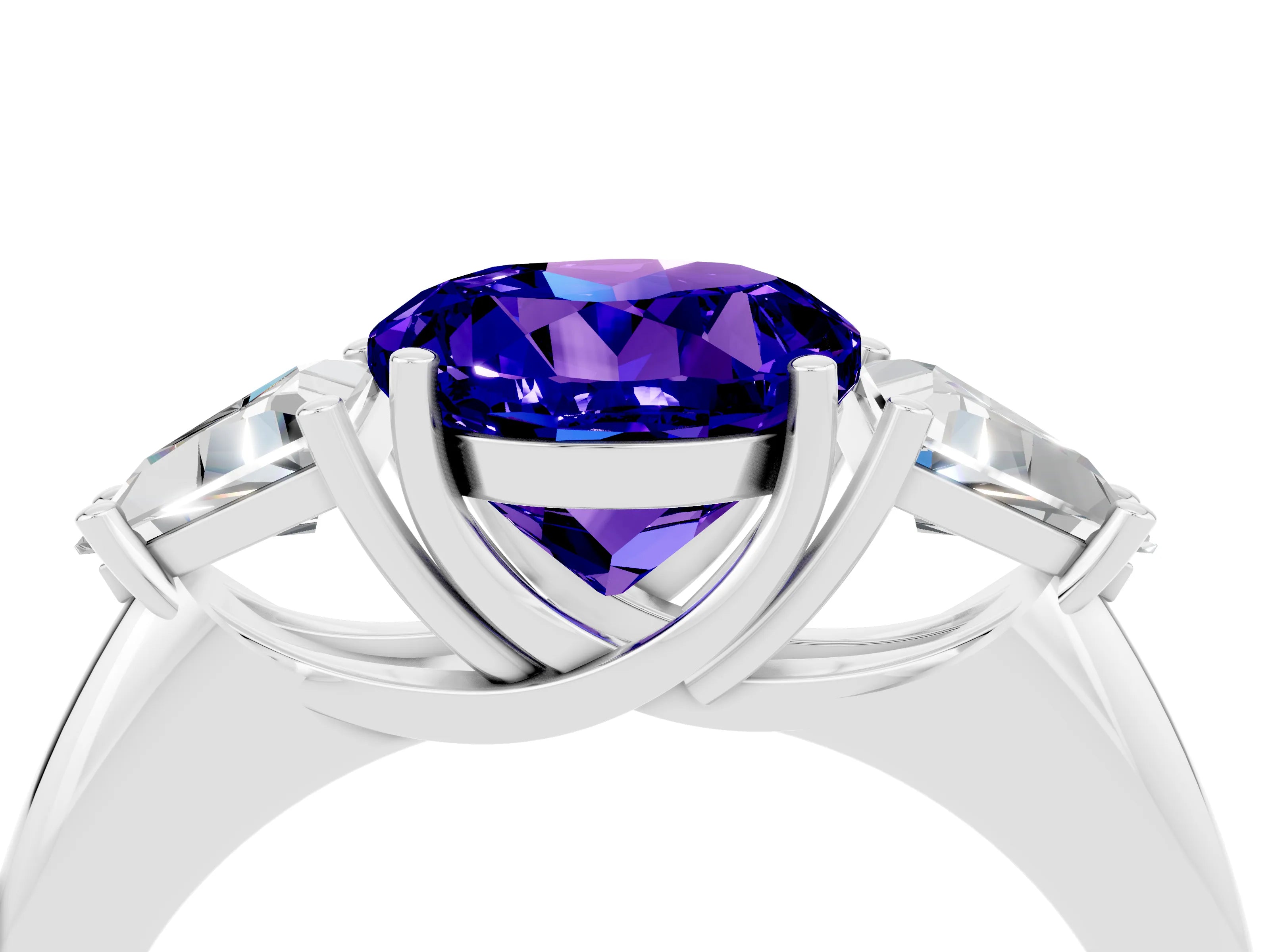 White gold Three-Stone Round Cut Cut Diamond Ring with Trillion Side Stones and Four-Prong Setting_4