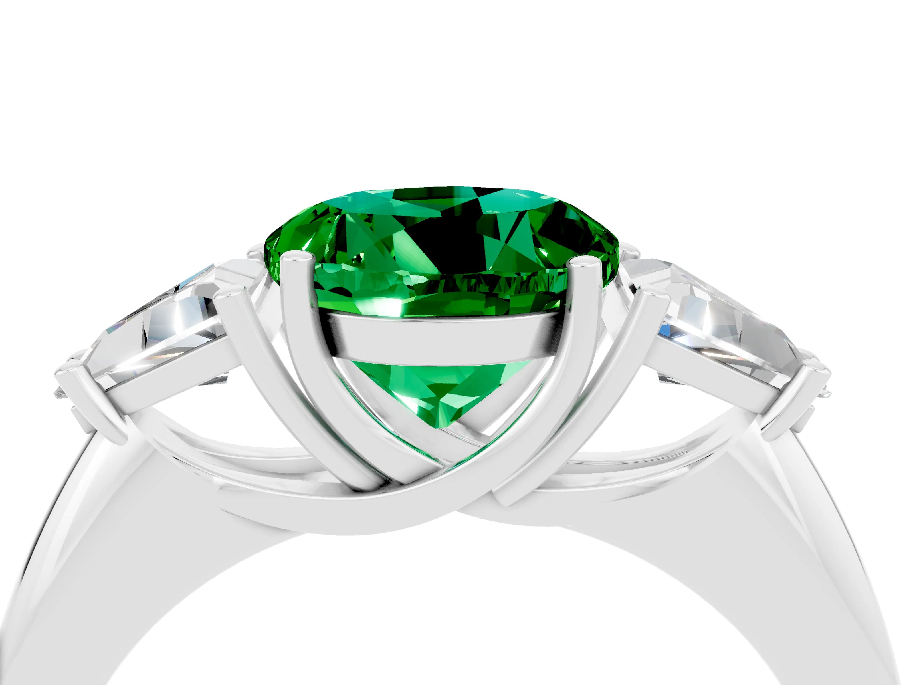 White gold Three-Stone Round Cut Cut Diamond Ring with Trillion Side Stones and Four-Prong Setting_4