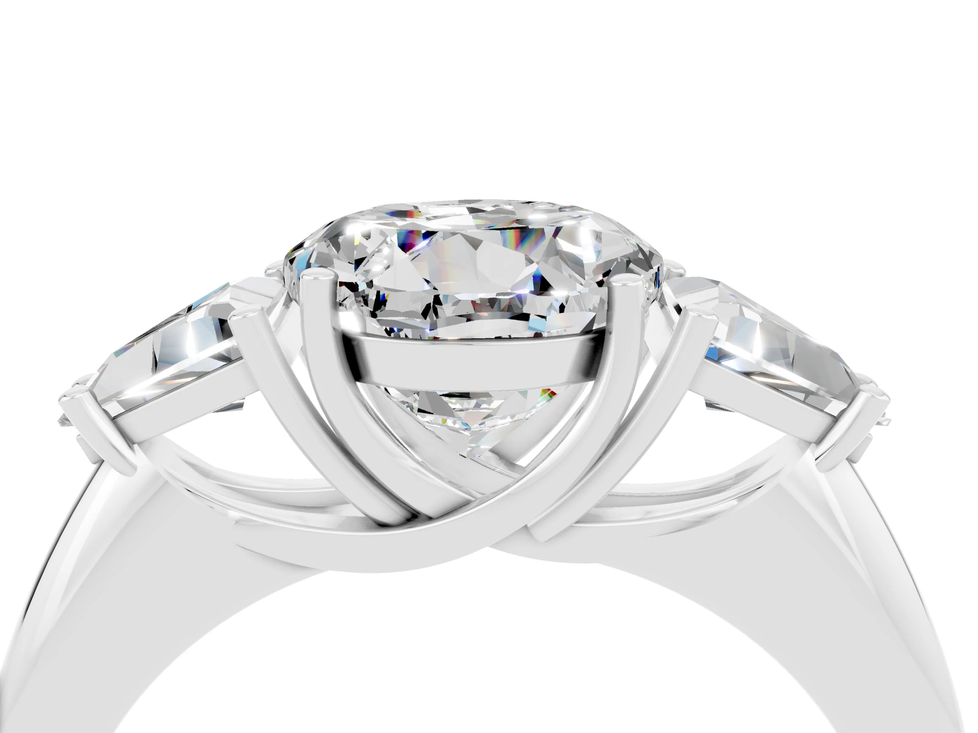 White gold Three-Stone Round Cut Cut Diamond Ring with Trillion Side Stones and Four-Prong Setting_4