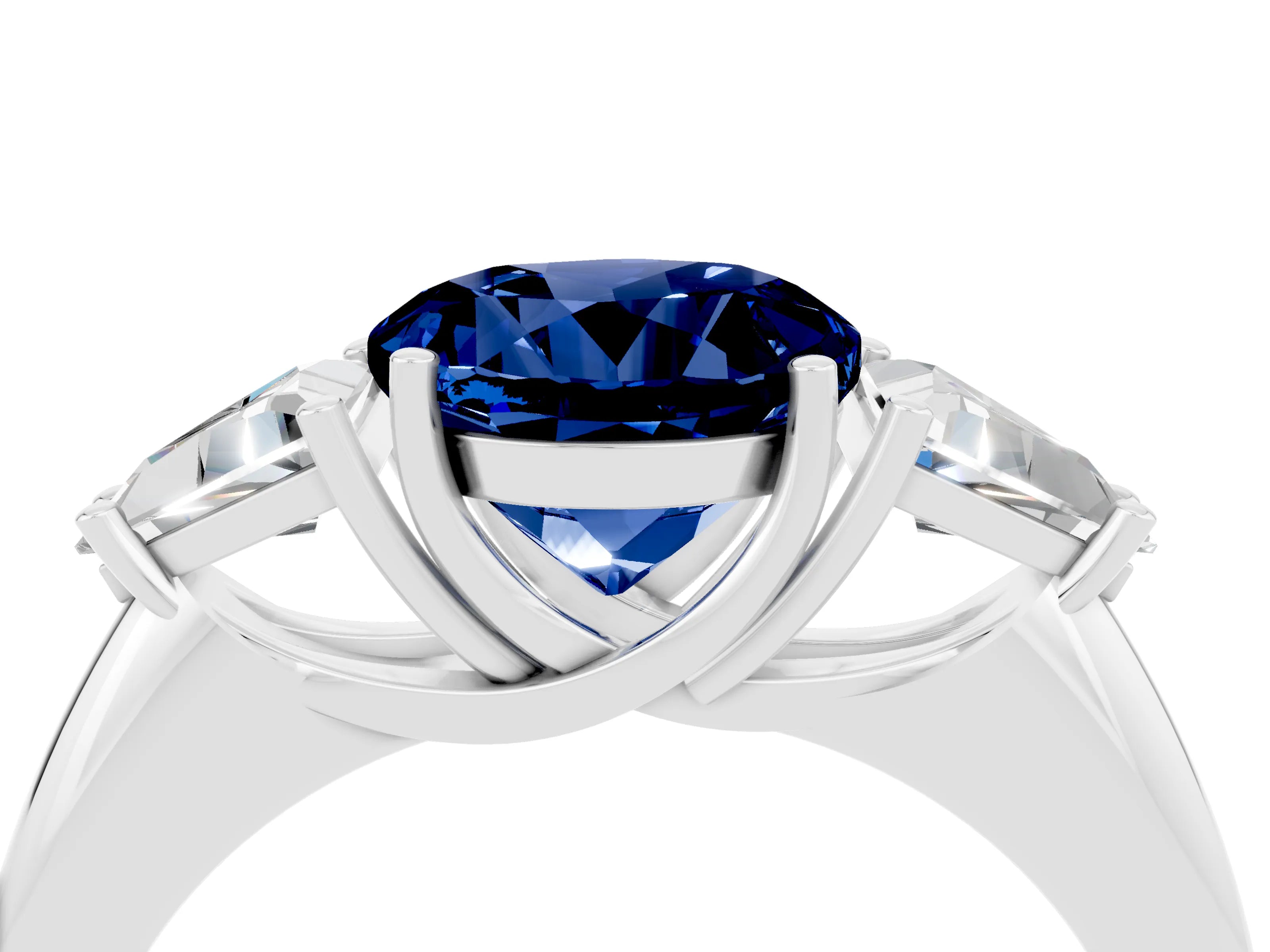 White gold Three-Stone Round Cut Cut Diamond Ring with Trillion Side Stones and Four-Prong Setting_4