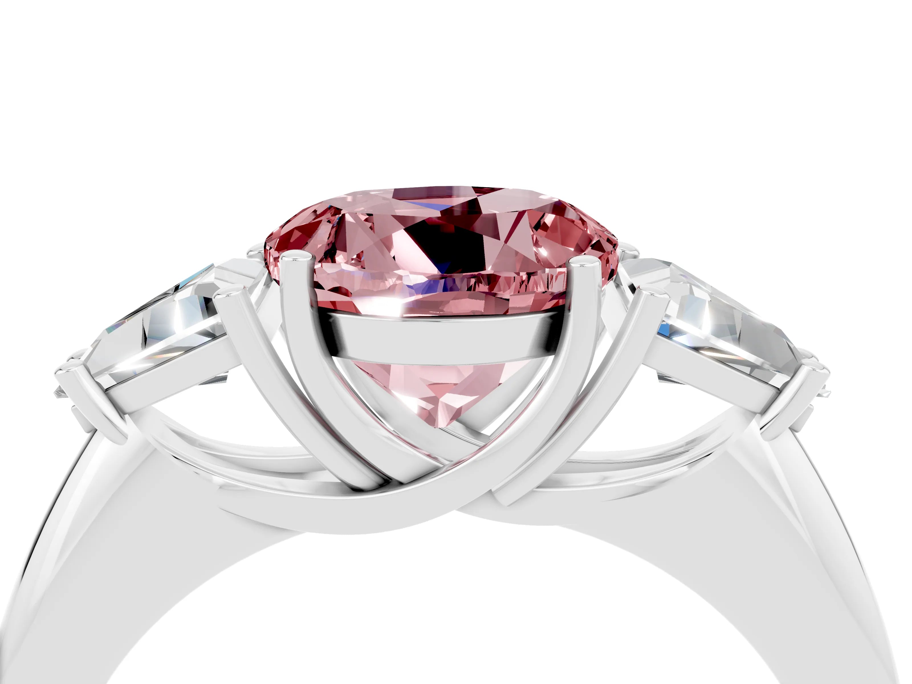 White gold Three-Stone Round Cut Cut Diamond Ring with Trillion Side Stones and Four-Prong Setting_4