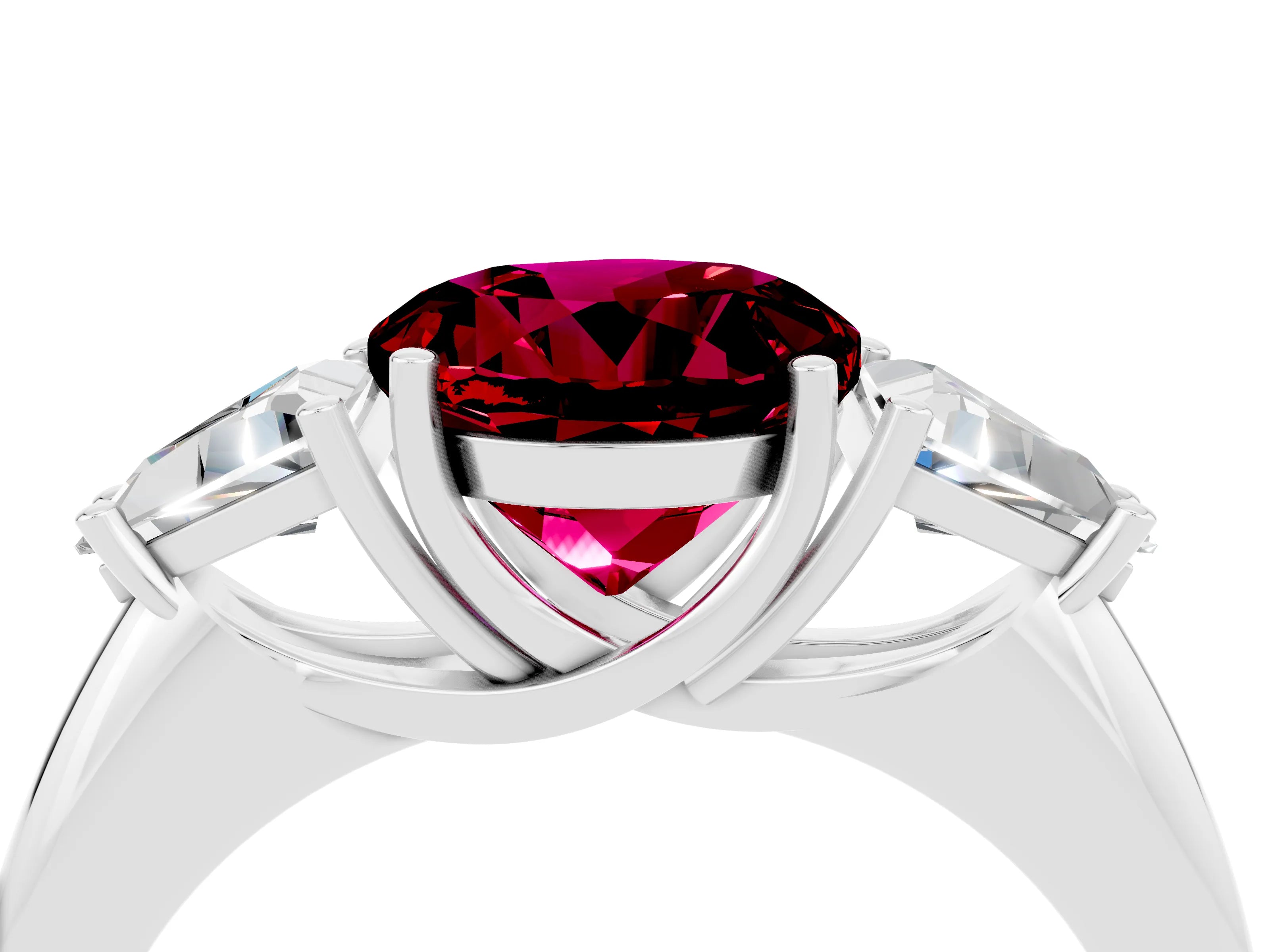 White gold Three-Stone Round Cut Cut Diamond Ring with Trillion Side Stones and Four-Prong Setting_4