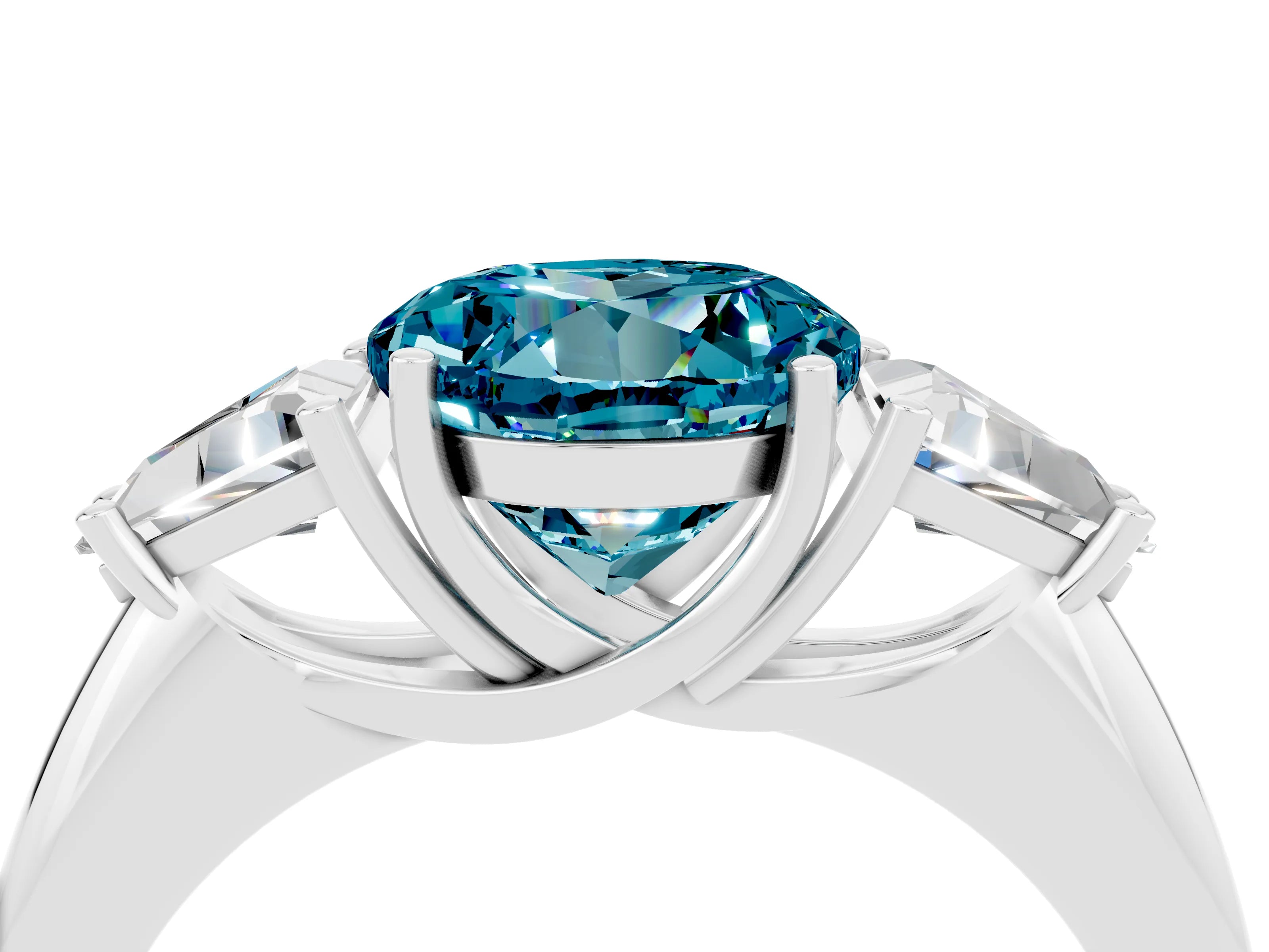 White gold Three-Stone Round Cut Cut Diamond Ring with Trillion Side Stones and Four-Prong Setting_4