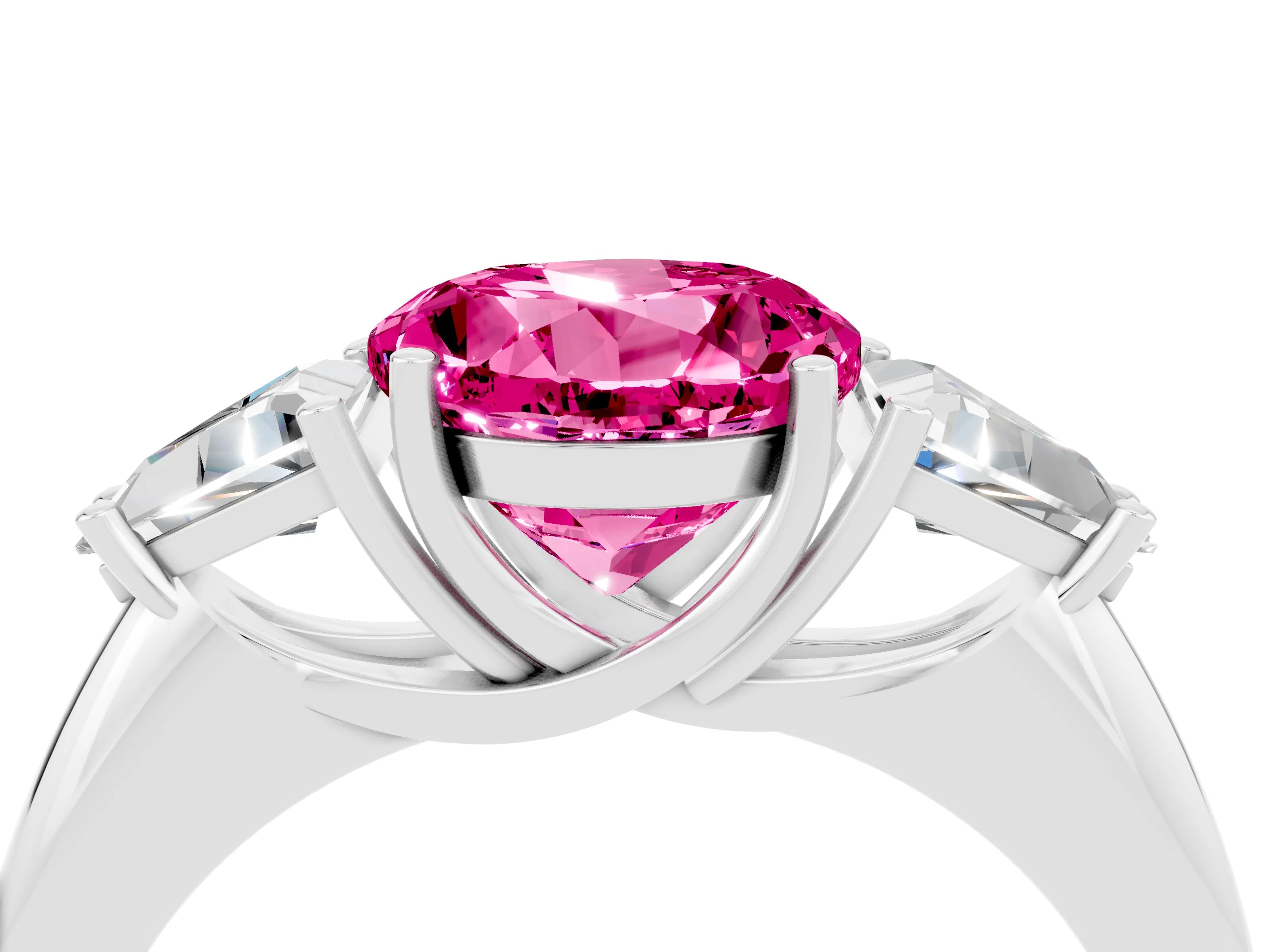 White gold Three-Stone Round Cut Cut Diamond Ring with Trillion Side Stones and Four-Prong Setting_4