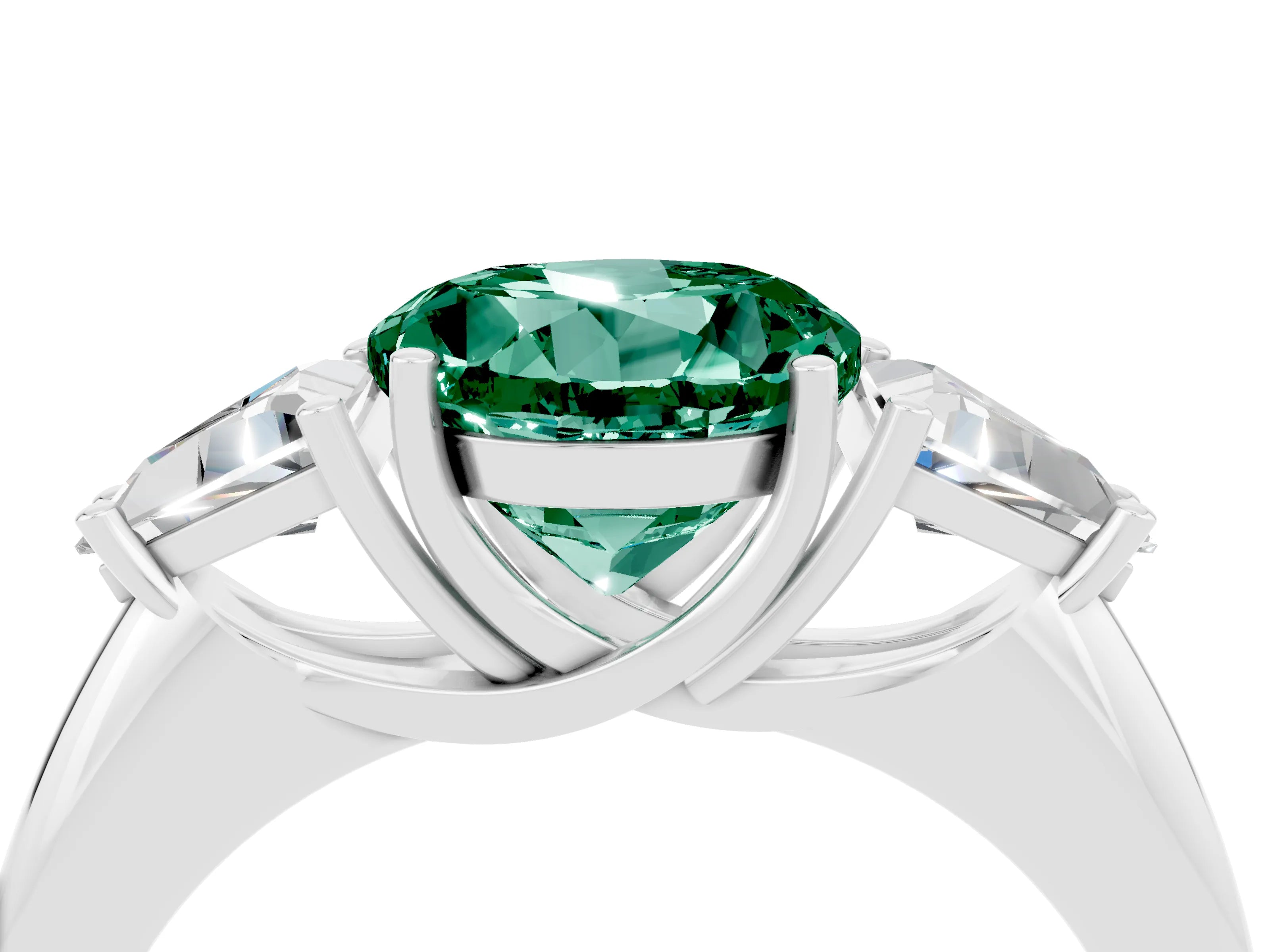 White gold Three-Stone Round Cut Cut Diamond Ring with Trillion Side Stones and Four-Prong Setting_4