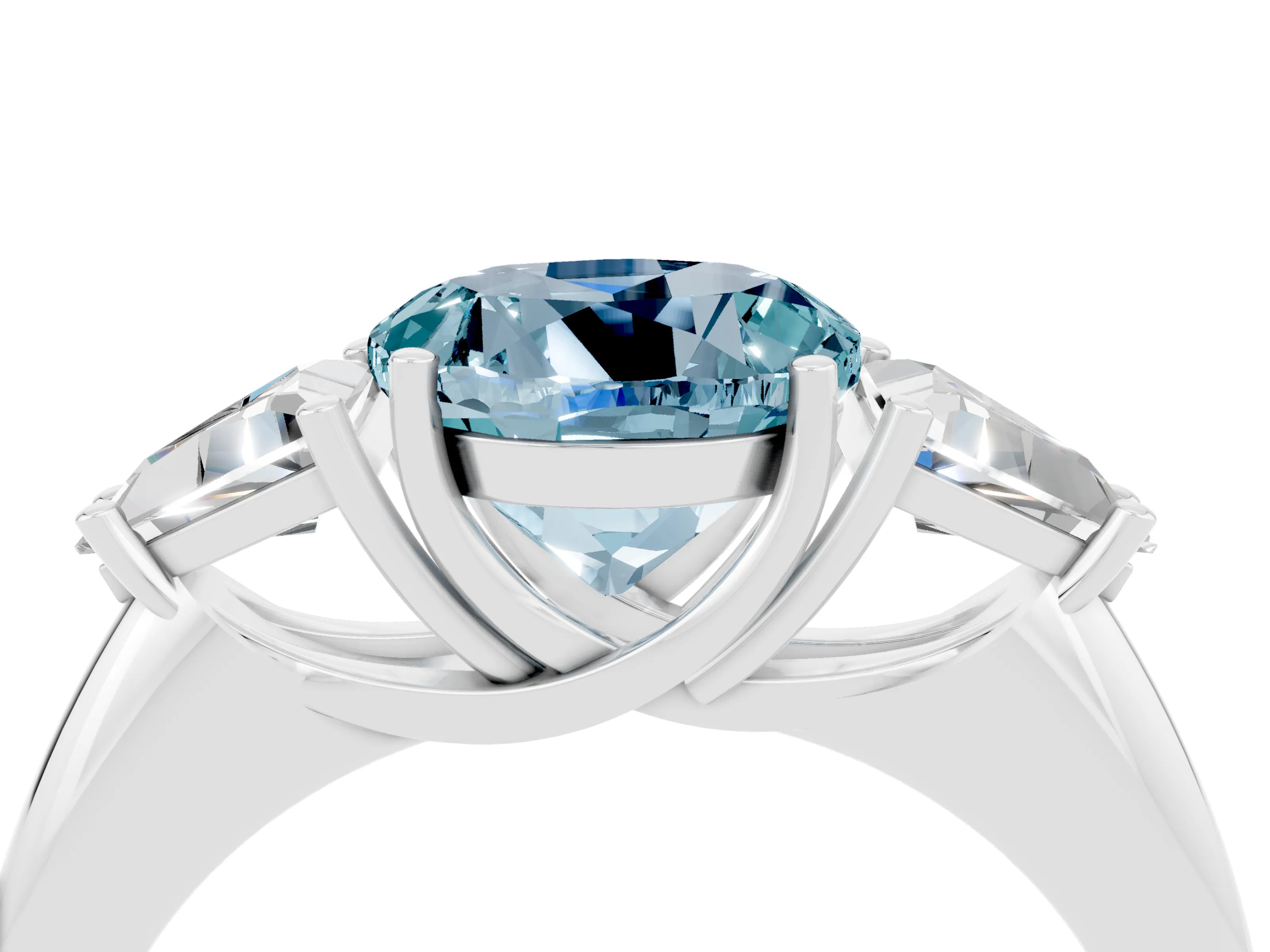 White gold Three-Stone Round Cut Cut Diamond Ring with Trillion Side Stones and Four-Prong Setting_4