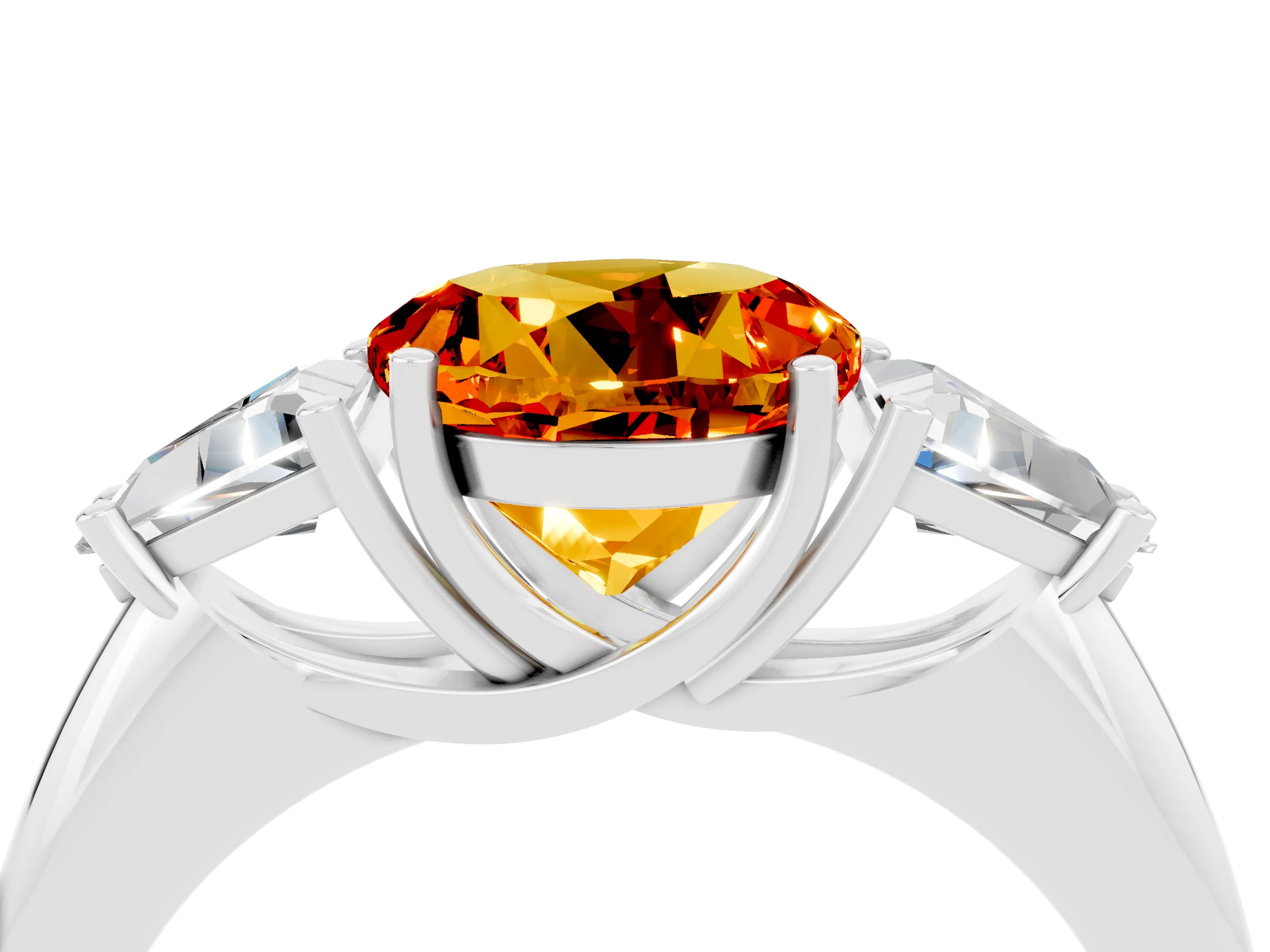 White gold Three-Stone Round Cut Cut Diamond Ring with Trillion Side Stones and Four-Prong Setting_4