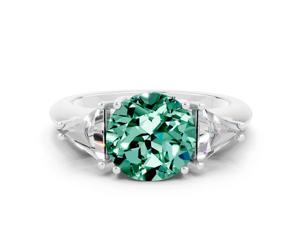 Silver Three-Stone Round Cut Green Sapphire Engagement Ring with Trillion Side Stones and Prong Setting