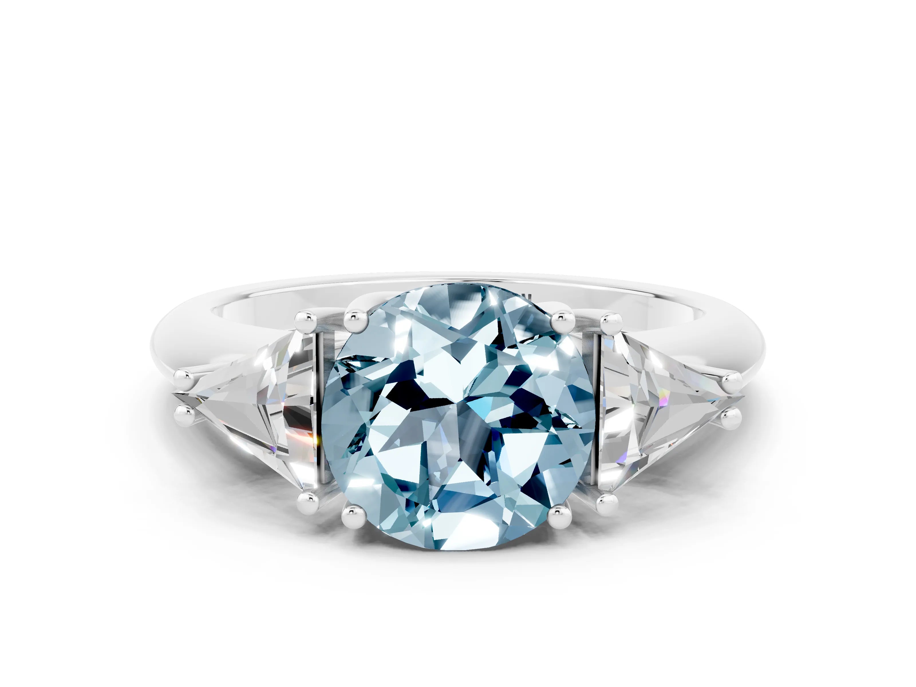 White gold Three-Stone Round Cut Cut Diamond Ring with Trillion Side Stones and Four-Prong Setting