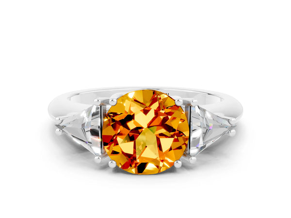 White gold Three-Stone Round Cut Citrine Engagement Ring with Trillion Side Stones and Prong Setting