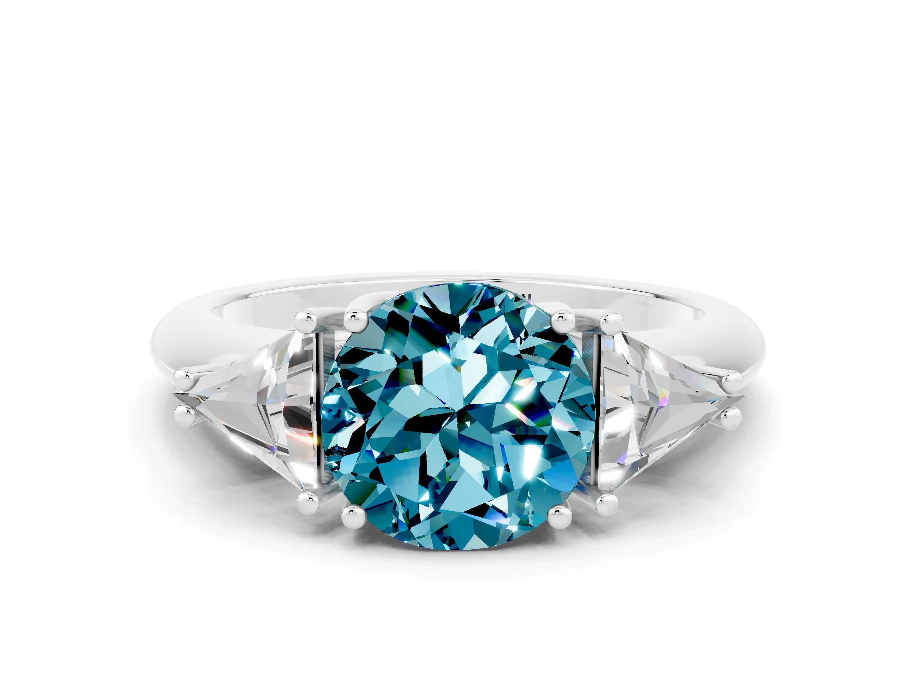 White gold Three-Stone Round Cut Cut Diamond Ring with Trillion Side Stones and Four-Prong Setting