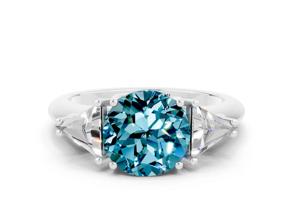 Platinum Three-Stone Round Cut Cut Diamond Ring with Trillion Side Stones and Four-Prong Setting