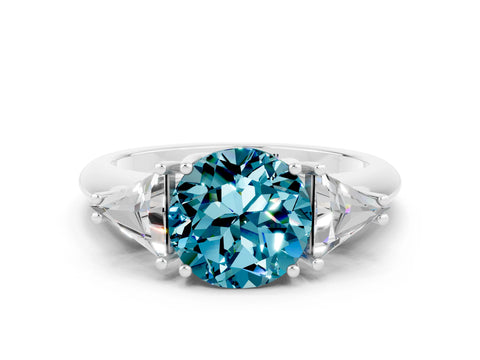 White gold Three-Stone Round Cut Cut Diamond Ring with Trillion Side Stones and Four-Prong Setting