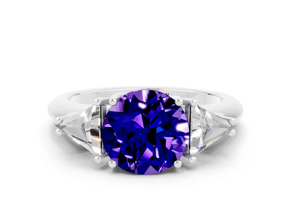 White gold Three-Stone Round Cut Tanzanite Engagement Ring with Trillion Side Stones and Prong Setting
