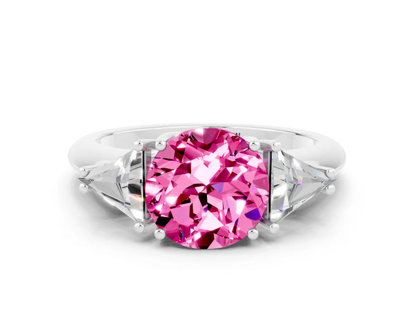 Platinum Three-Stone Round Cut Cut Diamond Ring with Trillion Side Stones and Four-Prong Setting