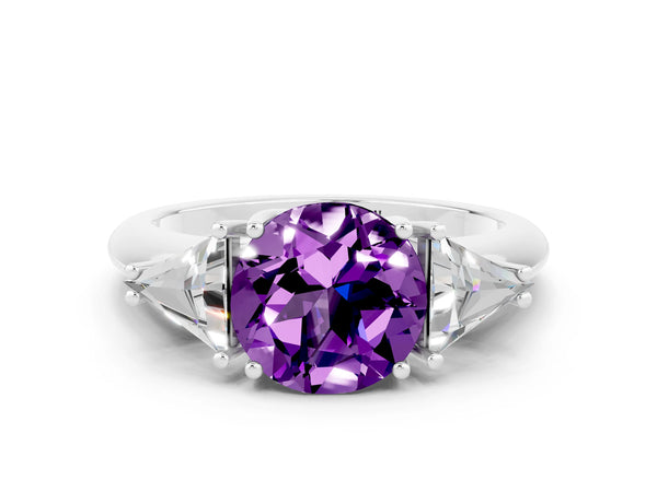 White gold Three-Stone Round Cut Amethyst Engagement Ring with Trillion Side Stones and Prong Setting