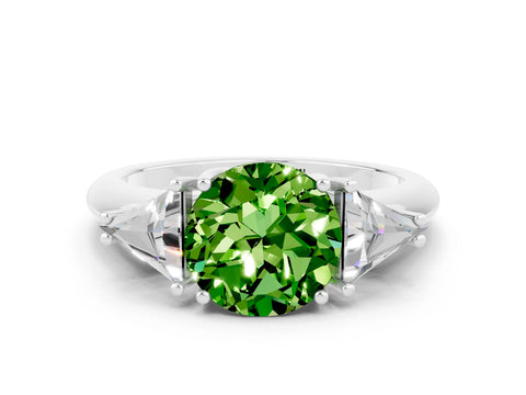 White gold Three-Stone Round Cut Cut Diamond Ring with Trillion Side Stones and Four-Prong Setting