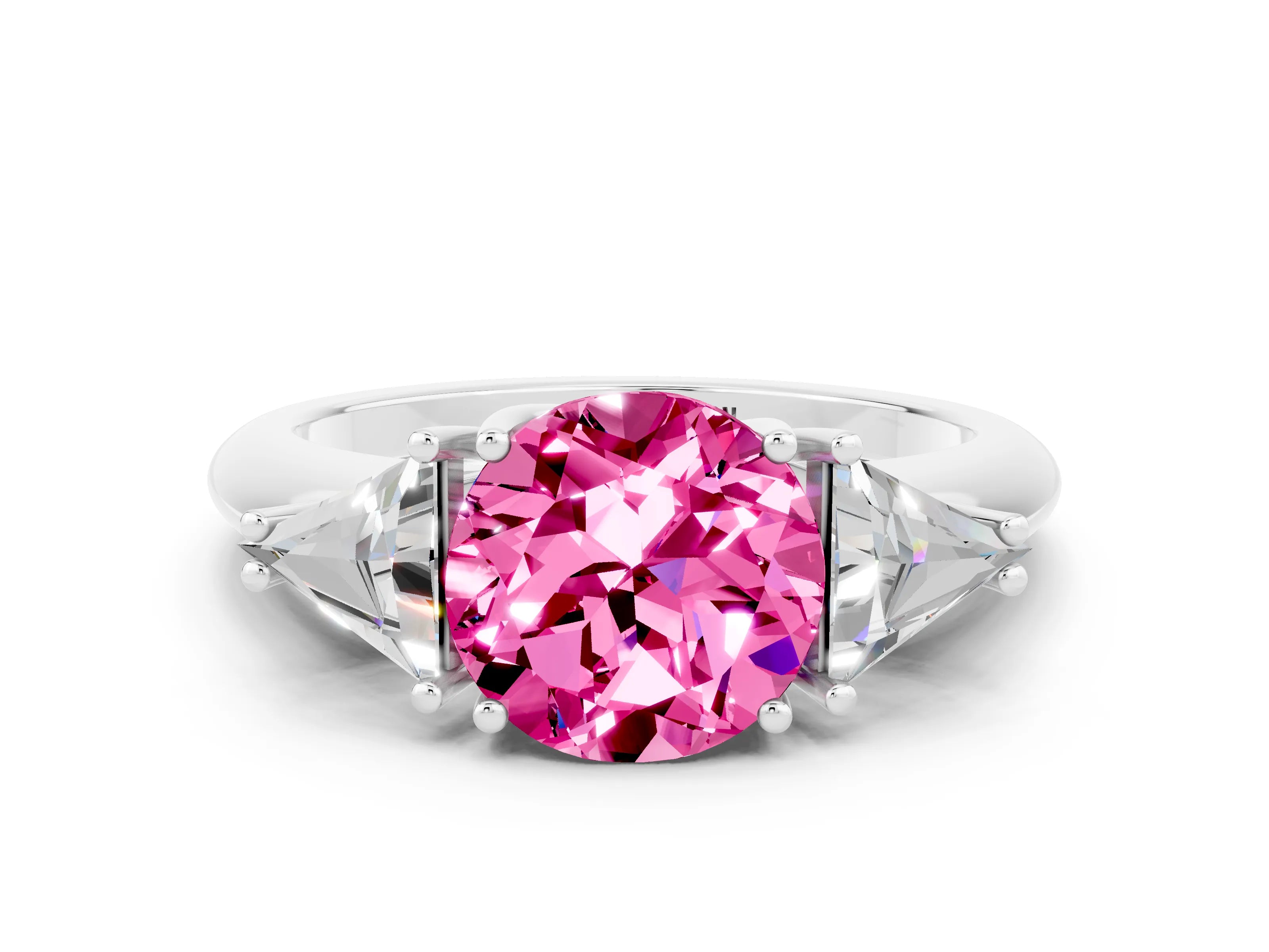 White gold Three-Stone Round Cut Cut Diamond Ring with Trillion Side Stones and Four-Prong Setting