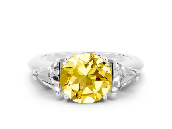 White gold Three-Stone Round Cut Yellow Sapphire Engagement Ring with Trillion Side Stones and Prong Setting
