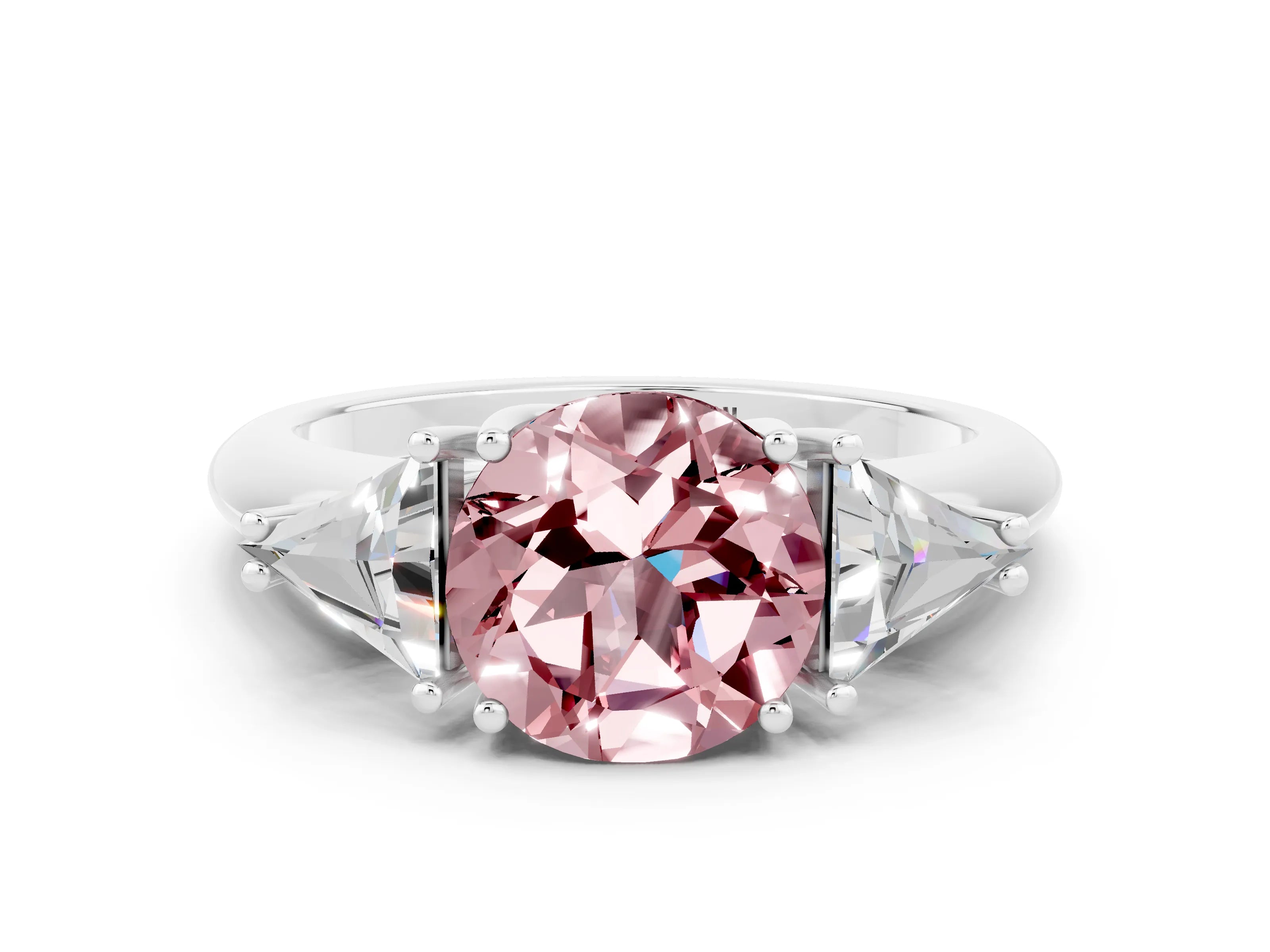 White gold Three-Stone Round Cut Cut Diamond Ring with Trillion Side Stones and Four-Prong Setting