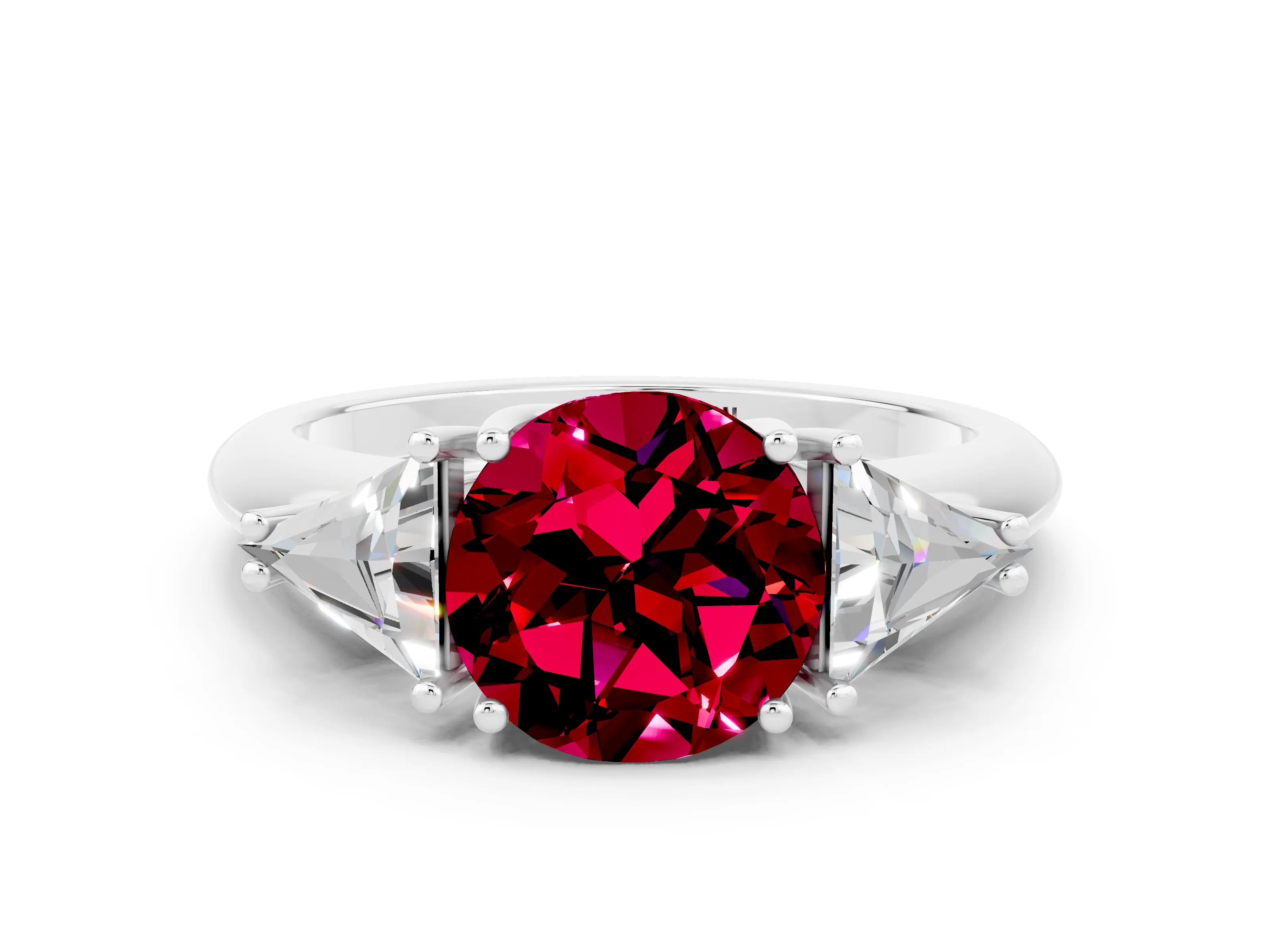 White gold Three-Stone Round Cut Cut Diamond Ring with Trillion Side Stones and Four-Prong Setting