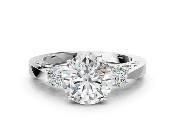 White gold Three-Stone Round Cut Diamond Cathedral Engagement Ring with Prong Setting