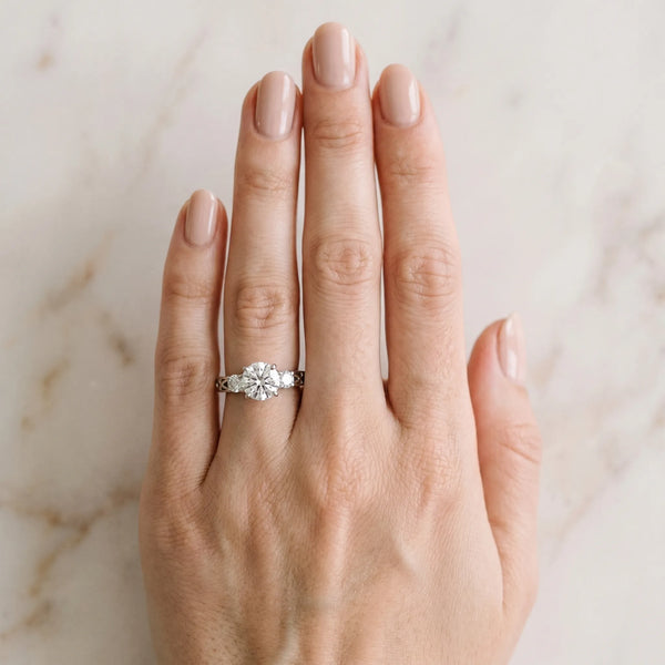 White gold Three-Stone Round Cut Diamond Cathedral Engagement Ring with Prong Setting