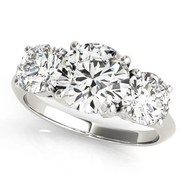 White gold Three-Stone Round Cut Diamond Engagement Ring with Prong Setting on a White Gold Band