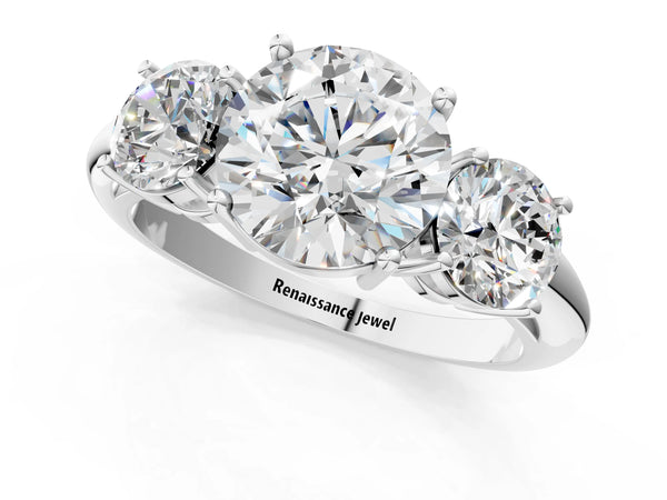 White gold Three-Stone Round Cut Diamond Engagement Ring with Prong Setting on a White Gold Band