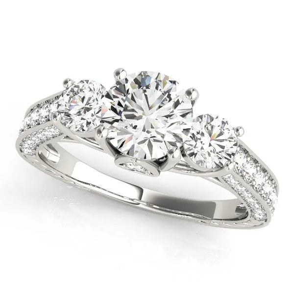 White gold Three-Stone Round Cut Diamond Engagement Ring with Split Shank and Prong Setting